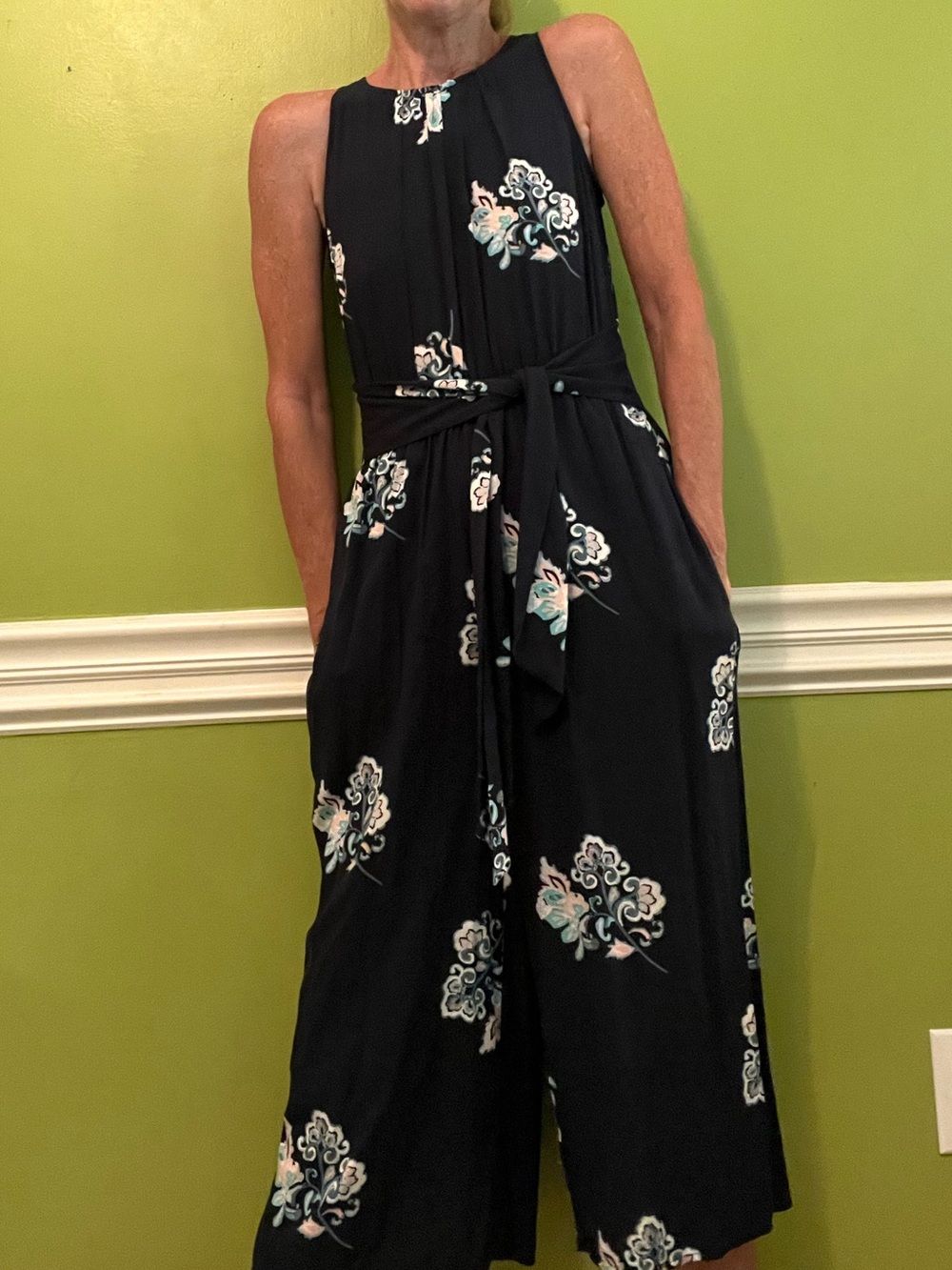 Loft Black Floral Jumpsuit with Attached Tie at Waist